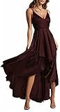 Robes de bal hautes et Basses col en V Bretelles Spaghetti une Ligne Robes de soirée formelles en Satin avec poches Pour Femmes Juniors Burgundy