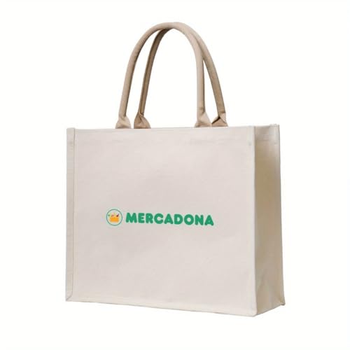 JWPPPATD Bolso tote Mercadona con logo de la tienda en beige y verde, asas resistentes, lavable a mano, ideal para ir de compras, compatible con tiendas Mercadona, bolsa plana 2D.