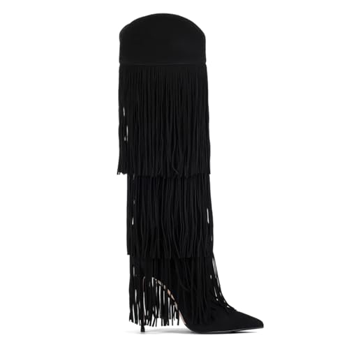 Layer Fringe Tassel Knee High Boots Women Suede Pointed Toe Stiletto Heel Long Booties Fall Fashion Dress Cowgirl Boot2