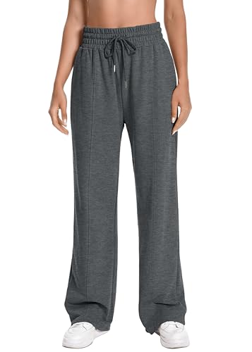 Casual Cotton High Waist Straight Leg Ladies Pants, Stretchy Tall Loose Fit Daily Fashion Drawstring Plus Size Gray Sweatpants Women, Dark Gray S