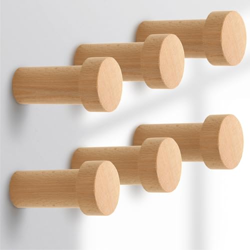 Image of 6 Pcs Wood Wall Hooks – Decorative Wooden Hooks for Wall Mount, Unique Boho Wooden Pegs Bag Hangers, Entryway Hat Hooks for Hanging Towel, Coat, Cap, Backpack (Beech Wood)