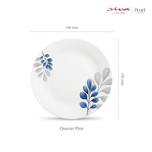 Image of La Opala Diva Pearl Collection Opal Glass Crockery | Quarter Plate Set of 6 | Indigo Bliss Design | for Snacking & Gifting | Microwave Safe | 100% Vegetarian | Extra Strong | Light & White