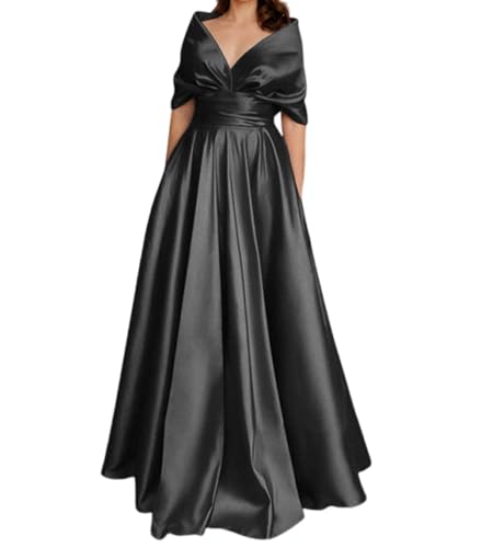 A-Line V-Neck Off The Shoulder Satin Mother of The Bride Dress Ruffles Formal Long Evening Dress