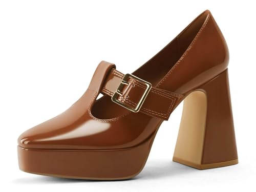 Coutgo Womens Mary Jane Heels Platform T Strap Chunky High Heel Pumps Buckle Business Casual Dress Shoes