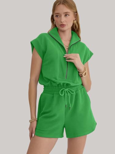 Image of Rompers for Women Summer Short Sleeve Half Zip Lapel Collar Jumpsuit Casual Drawstring One Piece Outfits with Pockets
