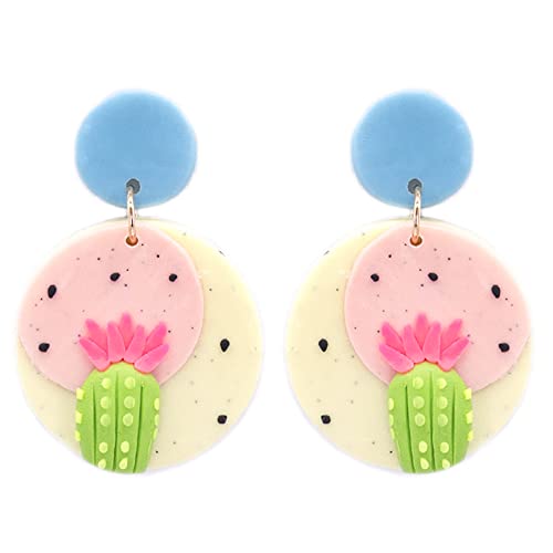 Emulily WesternCactus w Flower Post Earrings Cactus Polymer Clay Earrings