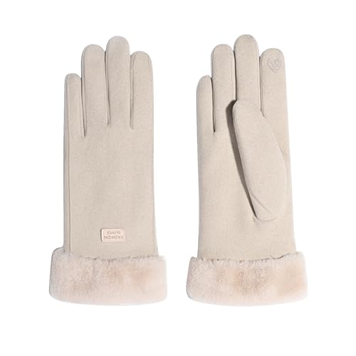 Feelorna Guantes de invierno para mujer, Guantes térmicos de felpa con pantalla táctil 360° a prueba de viento, Guantes suaves con forro polar para conducir al aire libre y montar en bicicleta (Beige)