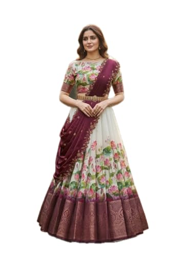 Image of ZITON Women's Indian Traditional Kanjivaram Silk Pure Weaving Lehenga Choli Along With Dupatta And Blouse Piece, Half Saree (Unstitched)