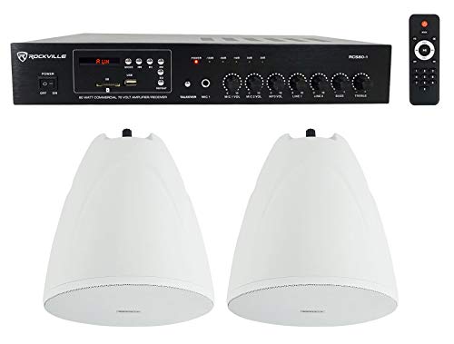 Rockville Bundle: (1) RCS80-1 60 Watt 70v Commercial/Restaurant Amplifier/Bluetooth Receiver+(2) PEN-65T White 6.5