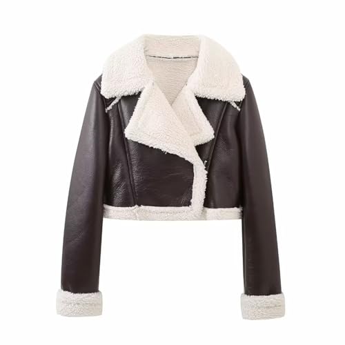 PDYLZWZY Damen-Lederjacken aus Kunstfell, dickes Fell, gefüttert, Revers, Reißverschluss, Bomber-Fliegermantel, Winterkleidung (Brown White Fur, XS)