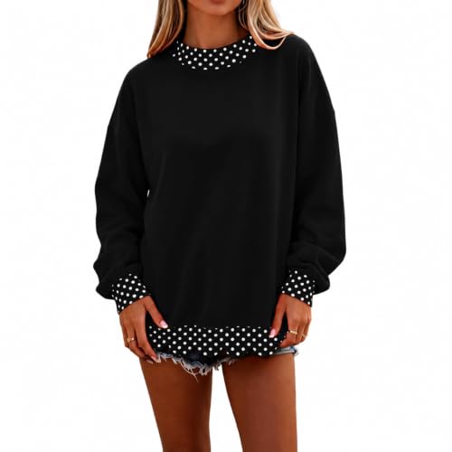 Mock Neck Sweatshirt Women Scalloped Edge Patchwork Polka Dot Pullover - image 1