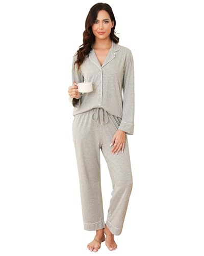 La Mejor Lista de Pijamas para Mujer más recomendados. 47 Yowmina Pijamas Mujer, Conjunto de Algodón Pijamas Dormir de 2 Piezas, Pijama Mujer con Botone Casual Ropa de Dormir