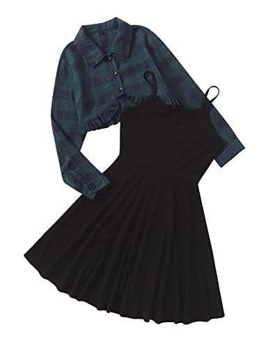 Floerns Girls Cami Short Dress And Plaid Print Shirt Blouse 2 Piece Outfit Green Multi 8 Years #TOP16