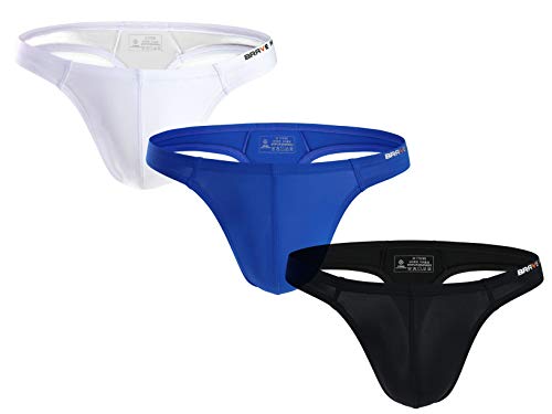 Brave Person Men's Sexy Thong Underwear Low Rise Bikini T-Back G-String (M, 3 Pack: Black, White, Blue)