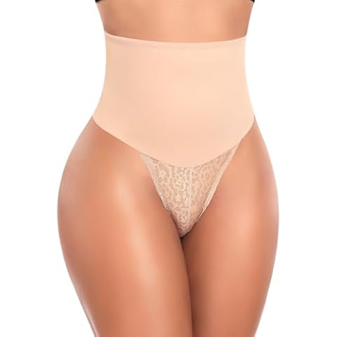 Tummy Control Thong Shapewear for Women High Waist Shaping Thong Panties Body Shaper Underwear (Small, Lace Beige-2) Cover