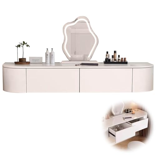 Mesa flotante de tocador de maquillaje montada en la pared con cajones, diseño de esquina, espejo y luces, ahorro de espacio, para habitaciones pequeñas, elegante juego de estación de maquillaje