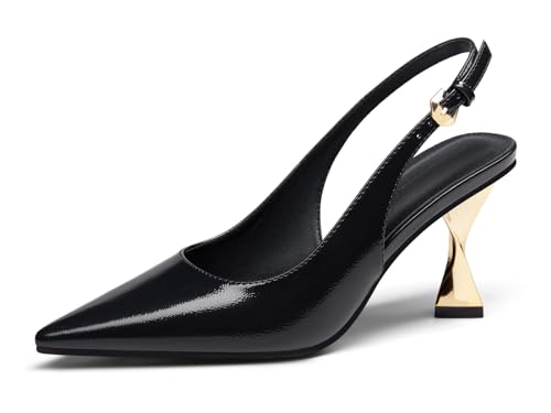 Coutgo Women's Kitten Heels Slingback Pointed Toe Pumps – Comfortable Black Dress Shoes, Size 9