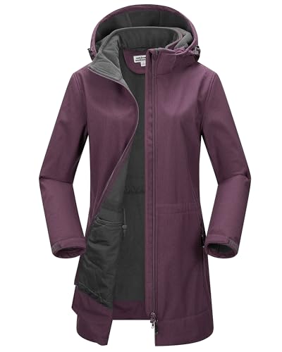 Outdoor Ventures Damen Softshell Lange Jacke mit Kapuze Fleece gefütterte Winddichte Jacke für Frauen Wasserdichte Windjacke
