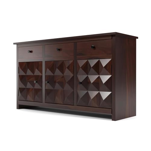 Image of Solid Sheesham Wood Wooden Sideboard Storage Cabinet & Chest of Drawer : Ideal for Living Room and Bedroom with 3 Drawers and 3-Shelf Storage (Morse, Walnut Finish)