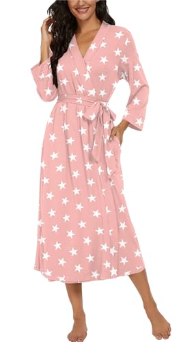 Image of VINTATRE Robes for Women Long Knit Bathrobe XS-4XL | 3 /4 Sleeve Bathrobes with Pockets, Stretchy and Lightweight Fabric, Inner Tie and Fixed Outer Matching Belt, Mid Calf Length