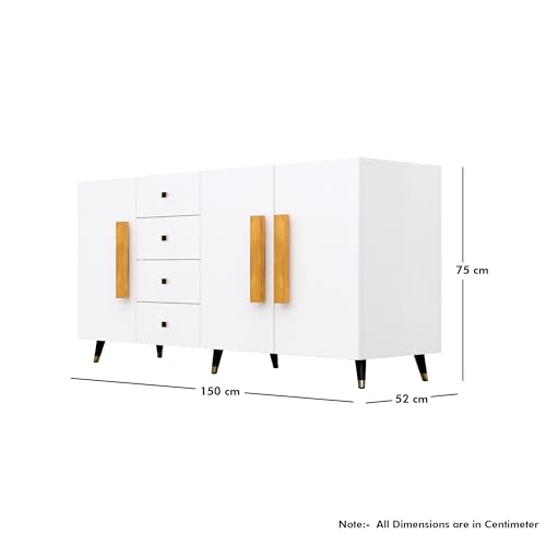 Image of Bniture Wooden Sideboard Cabinet for Living Room | Wooden Storage Cabinet with 3 Door & 4 Drawers | Engineered Wood Multipurpose Cabinet with Spacious Shelves for Home & Office | Frosty White