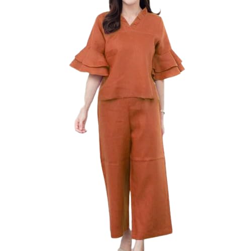 Womens 2 Piece Linen Outfits Half Sleeve Crop Top Wide Leg Pants Linen Sets Lounge Matching Sets with Pockets
