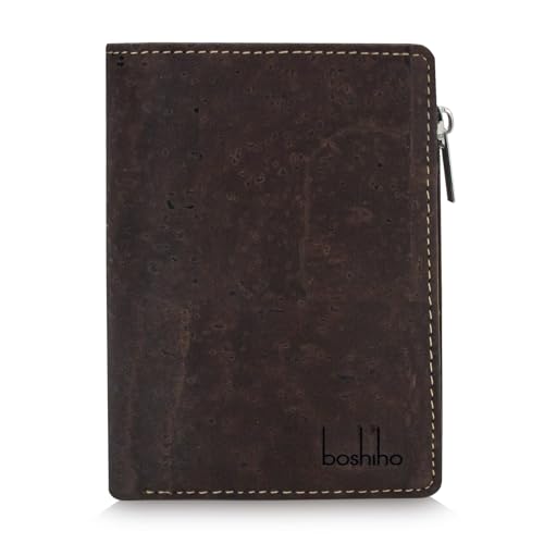 Image of Eco Cork Friendly RFID Blocking Wallet Bi-fold Card Holder Vertical Wallet With Zippered Coin Purse & ID Window