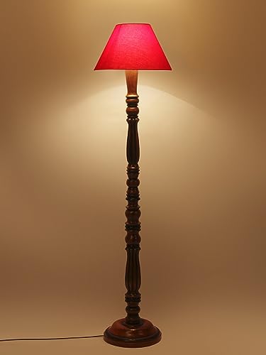 Image of Floor Lamp with Wooden Base - Height 55 inch, Red | Modern Standing Lamp for Living Room, Bedroom & Office | Stylish & Elegant Home Lighting Decor | Tall Decorative Lamp
