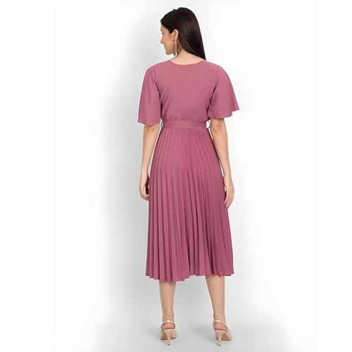 Image of KUDUZO Women's Crepe Long Pleated Below Knee Length Flutter Sleeve Round Neck S to XL Maxi Dress for Girls. (EG-U0IM-B9A1)