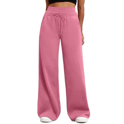 szvbofueck Pantalones de chándal para mujer, pantalones de entrenamiento holgados de cintura alta, con cordón y bolsillos, elásticos, monocolor, pierna ancha, pantalones deportivos para correr, yoga