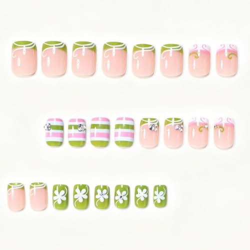 Image of Green White Press on Nails Stripe Fake Nails Short Square Nails Press ons | Flower False Nails with Rhinestone Design French Tip Stick on Nails for Women Reusable Glossy Full Cover Manicure 24Pcs
