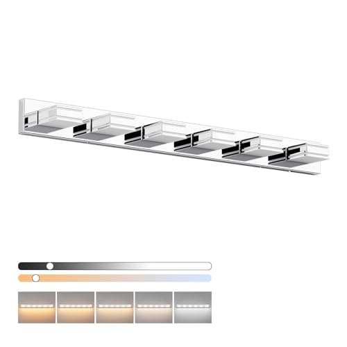 Ralbay 48inch Chrome Vanity Light for Bathroom with 5 Color Temperatures (3000K-6000K) Dimmable Stainless Steel Acrylic LED Modern Chrome Bathroom Light Fixtures (6-Light)