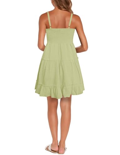Image of FANCYINN Women Floral Casual Tiered Mini Dresses Spaghetti Strap V Neck Backless A Line Swing Short Dress with Pockets
