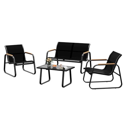 GarveeHome Gartenmöbel Set 4-TLG, Textilene Balkonmöbel Set mit Tisch, Sofa und 2 Stühlen, Stahl, Sitzgruppefür Garten, Balkon, Außen
