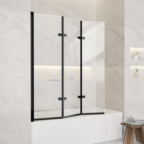 Foldable Tub Shower Door, 47" W x 55" H Frameless Hinged Shower Screen for Bathtub, 1/5" Tempered Glass Door for Shower, 180° Pivot Swing Tri-fold Glass Panel for Bathtub, Matte Black