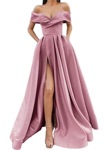 SoDigne Off Shoulder Long Slit Prom Dresses for Women A-Line Backless Satin Formal Evening Party Gown with Pockets4