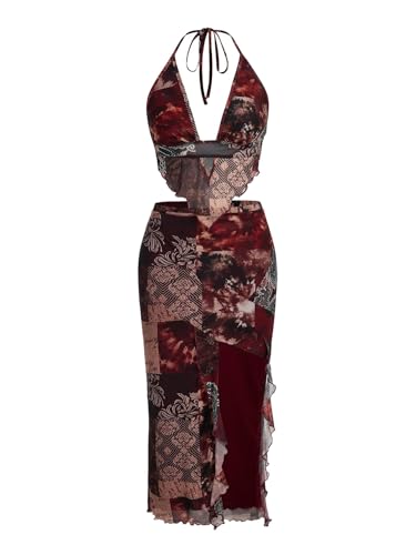 Image of Verdusa Women's 2 Piece Boho Skirt Sets Going Out Backless Halter Top with Split Skirt Rave Festival Outfits Western Clothes