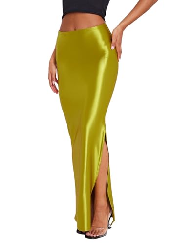 Molisry Women's Satin Silk Skirt Dressy High Waisted Side Slit Elegant A-Line Long Maxi Pencil Skirt Wedding