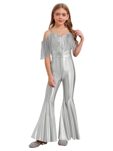 JEATHA Mono Acampanado Metálico Con Borlas Para Niñas Leotardo Sin Mangas Con Cremallera Disfraz De Discoteca Hippie De Los Años 70 Y 80 Plateado 11-12 años