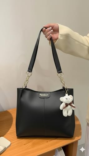 Image of AESTHETIC Women's Shoulder Handbag | Elegant PU Leather Tote with Chain Strap & Teddy Charm | Stylish Daily Use Purse for Office, College & Casual Outings-T-04