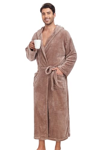 Mens Fleece Hooded Bathrobe Soft Plush Long House Coat with Pockets Flannel Nightgown Fluffy Warm Robe Sleepwear2