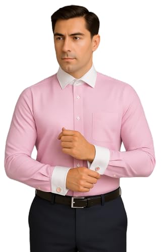 Image of Men's Premium Cotton Formal Dress Shirt - White Collar & French Cuffs with Cufflinks | Solid White, Micro Check & Striped for Office, Wedding