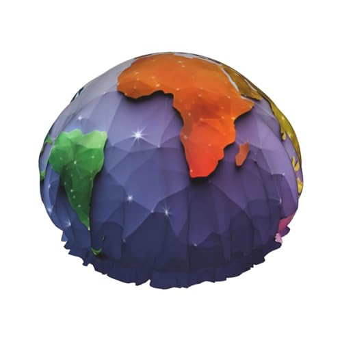 Gorro de ducha con estampado de mapa del mundo en color para mujer, doble capa, impermeable, elástico, reutilizable, protección para el cabello, para spa, salón de baño, damas