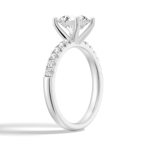 MSBLUE® 1.5ct Round Cut Moissanite Engagement Ring, Solitaire with Pavé Accents, 14K Gold Vermeil, Rhodium Finish2