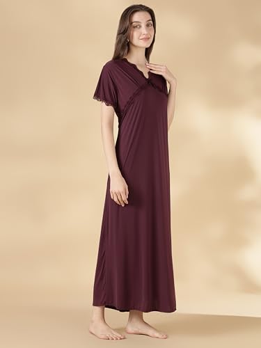 Image of 9shines Label Stylish Soft Modal Maxi Nighty | Honeymoon Nighty | Full Length Trendy Nightgown | V-Neck Lace | Premium Nightdress | Soft Long Nightdress | Maxi Gown Nightwear for Women (Malai Satin)