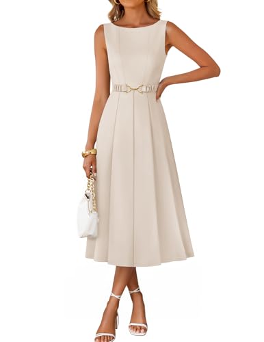 Image of ZESICA Women Summer Sleeveless Midi Dresses 2026 Elegant Boat Neck A Line Tie Waist Spring Cocktail Party Dress