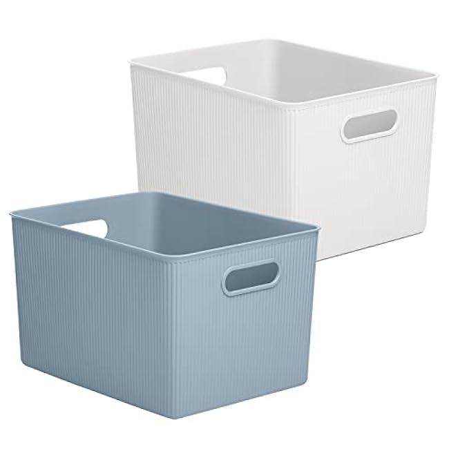 Superio Ribbed Collection - Decorative Plastic Open Home Storage Bins Organizer Baskets, White & Blue (Set of 2) 2 X-Large - Container Boxes for Organizing Closet Shelves Drawer Shelf