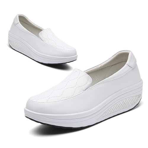 Image of Women's Leather Platform Slip On Nurse Loafers Comfortable Lightweight Wedge Orthotic Sneakers Casual Rocker Shoes