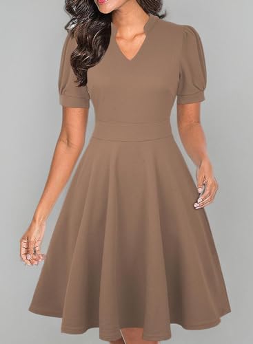 Image of Mokayee Womens Summer Short Puff Sleeve Casual Semi-Formal Fit and Flare Church Wedding Guest Work Dresses with Pockets
