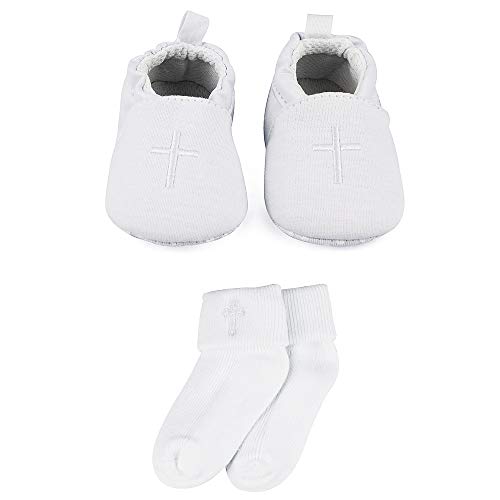 LACOFIA Zapatos Blancos del Bautizo de la Suela Blanda Antideslizante del bebé niños con los Calcetines Cruzados Bordados bebé Blanco 3-6 Meses